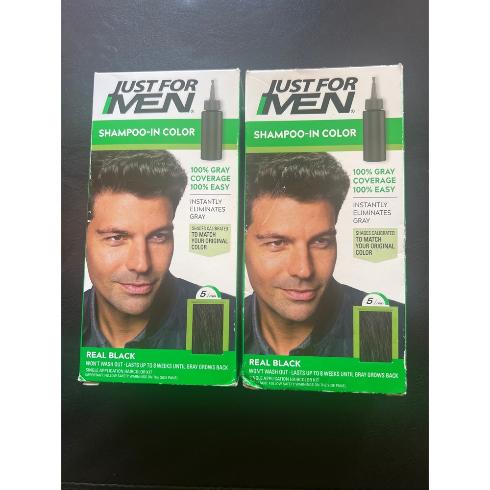 Lot of 2 Just For Men Shampoo-In Color Real Black H-55 Mens Hair Dye 5 Min Kit